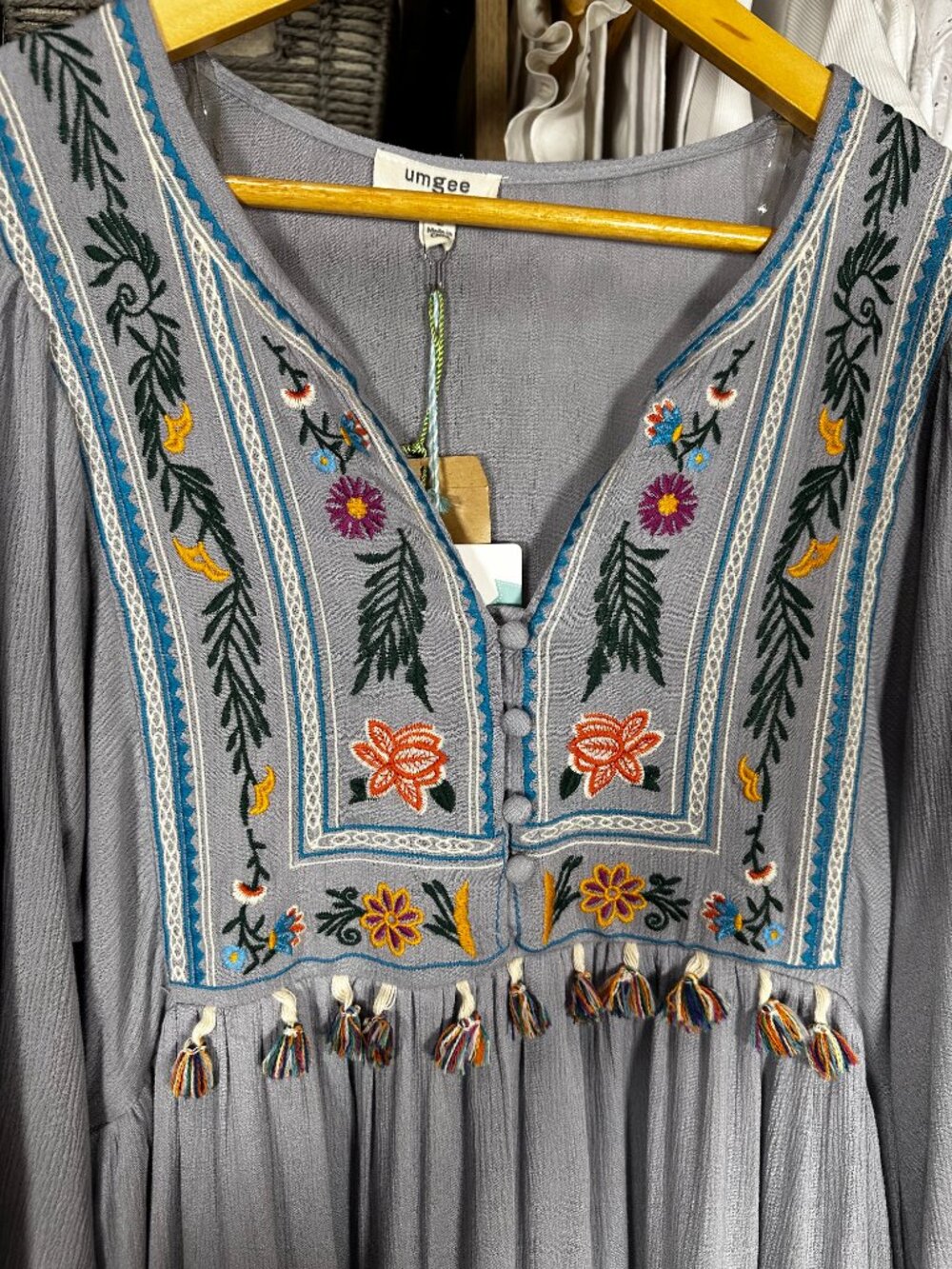 Umgee Embroidered Boho Tunic Dress | Gray | Tassel Detail - Picture 3 of 7